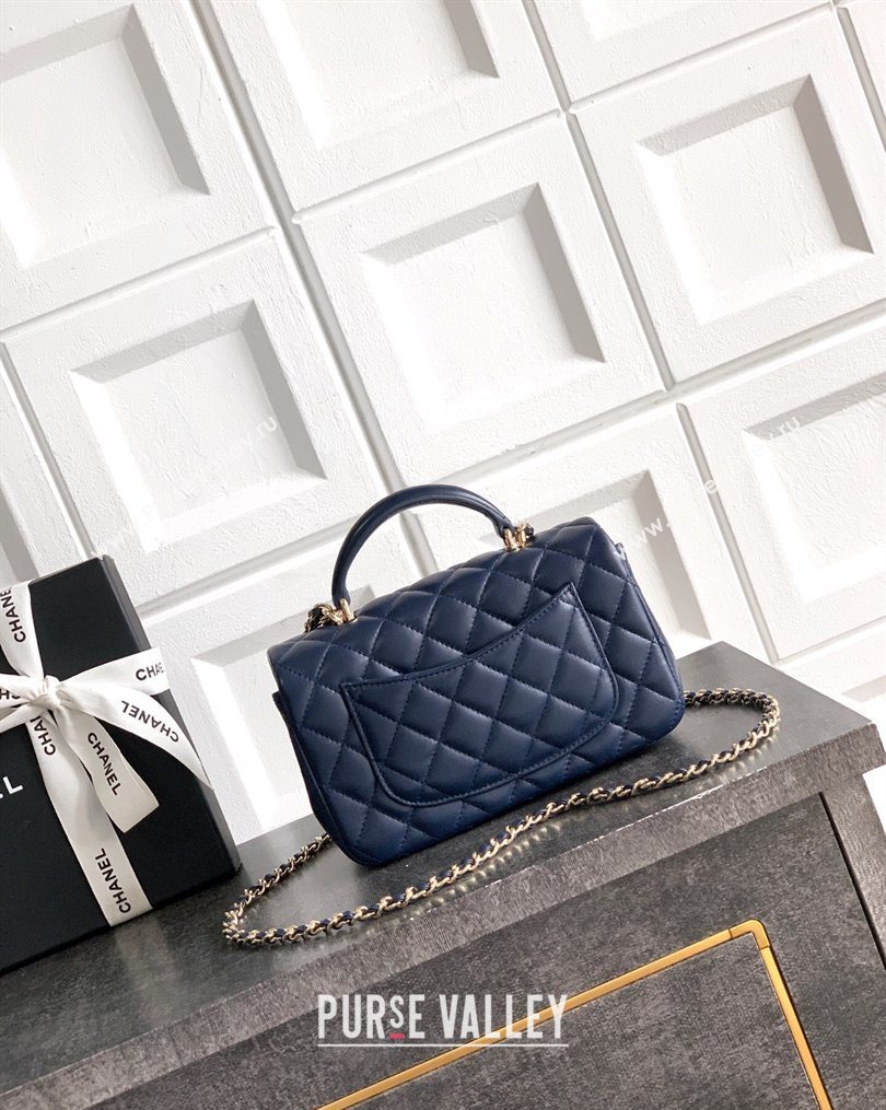 Chanel Lambskin Leather Mini Classic Flap Handbag With Top Handle and Bow Charm Dark Blue 2026 AS2431 (yezi-260204033)