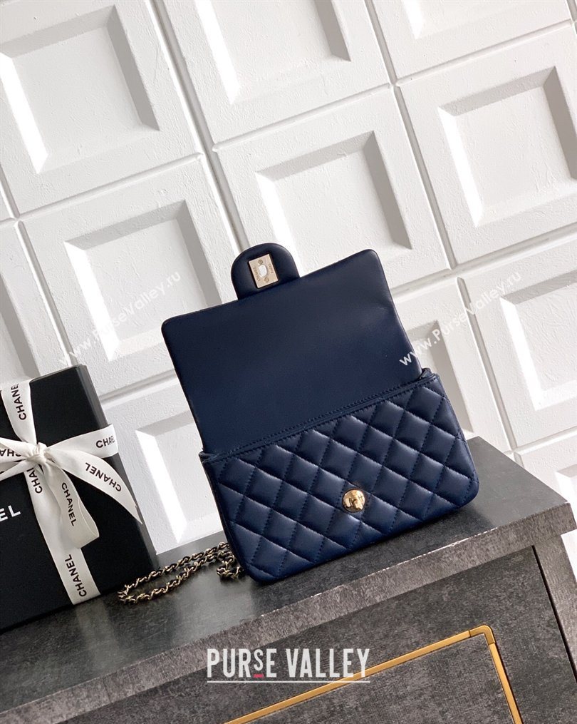 Chanel Lambskin Leather Mini Classic Flap Handbag With Top Handle and Bow Charm Dark Blue 2026 AS2431 (yezi-260204033)