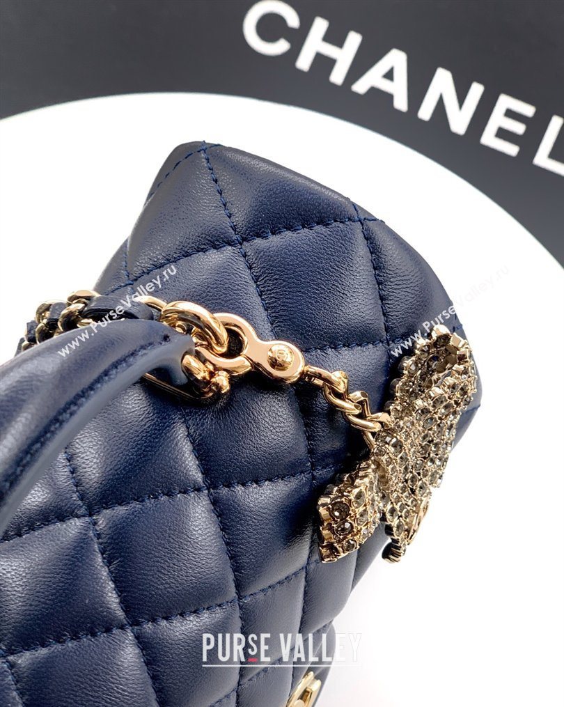 Chanel Lambskin Leather Mini Classic Flap Handbag With Top Handle and Bow Charm Dark Blue 2026 AS2431 (yezi-260204033)