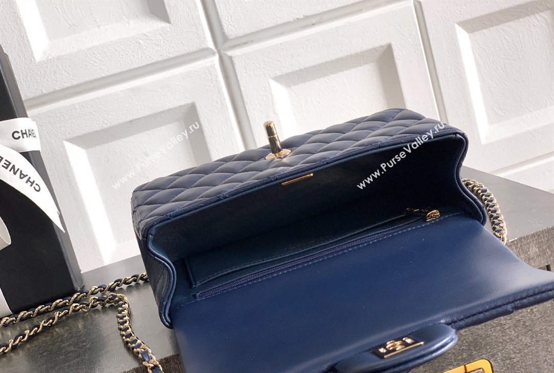 Chanel Lambskin Leather Mini Classic Flap Handbag With Top Handle and Bow Charm Dark Blue 2026 AS2431 (yezi-260204033)