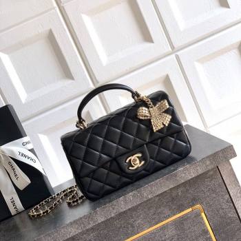Chanel Lambskin Leather Mini Classic Flap Handbag With Top Handle and Bow Charm Black/Gold 2026 AS2431 (yezi-260204034)