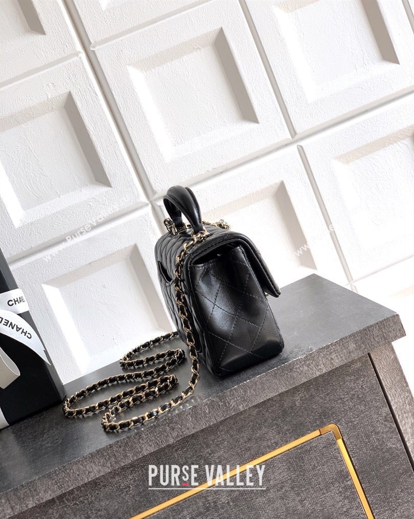 Chanel Lambskin Leather Mini Classic Flap Handbag With Top Handle and Bow Charm Black/Gold 2026 AS2431 (yezi-260204034)