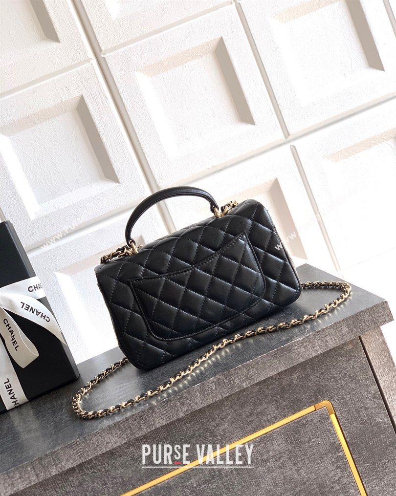 Chanel Lambskin Leather Mini Classic Flap Handbag With Top Handle and Bow Charm Black/Gold 2026 AS2431 (yezi-260204034)