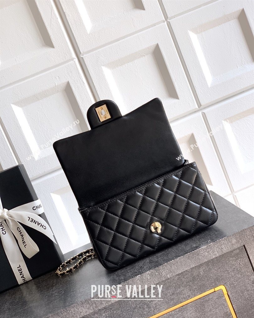 Chanel Lambskin Leather Mini Classic Flap Handbag With Top Handle and Bow Charm Black/Gold 2026 AS2431 (yezi-260204034)