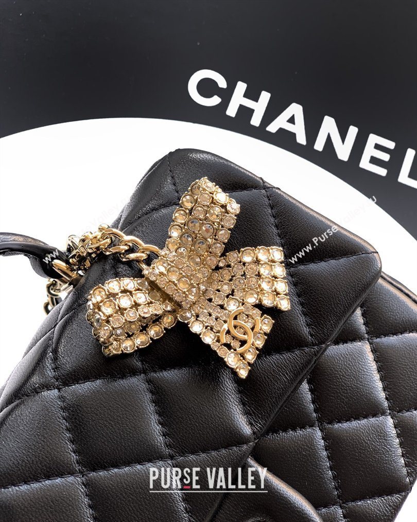 Chanel Lambskin Leather Mini Classic Flap Handbag With Top Handle and Bow Charm Black/Gold 2026 AS2431 (yezi-260204034)