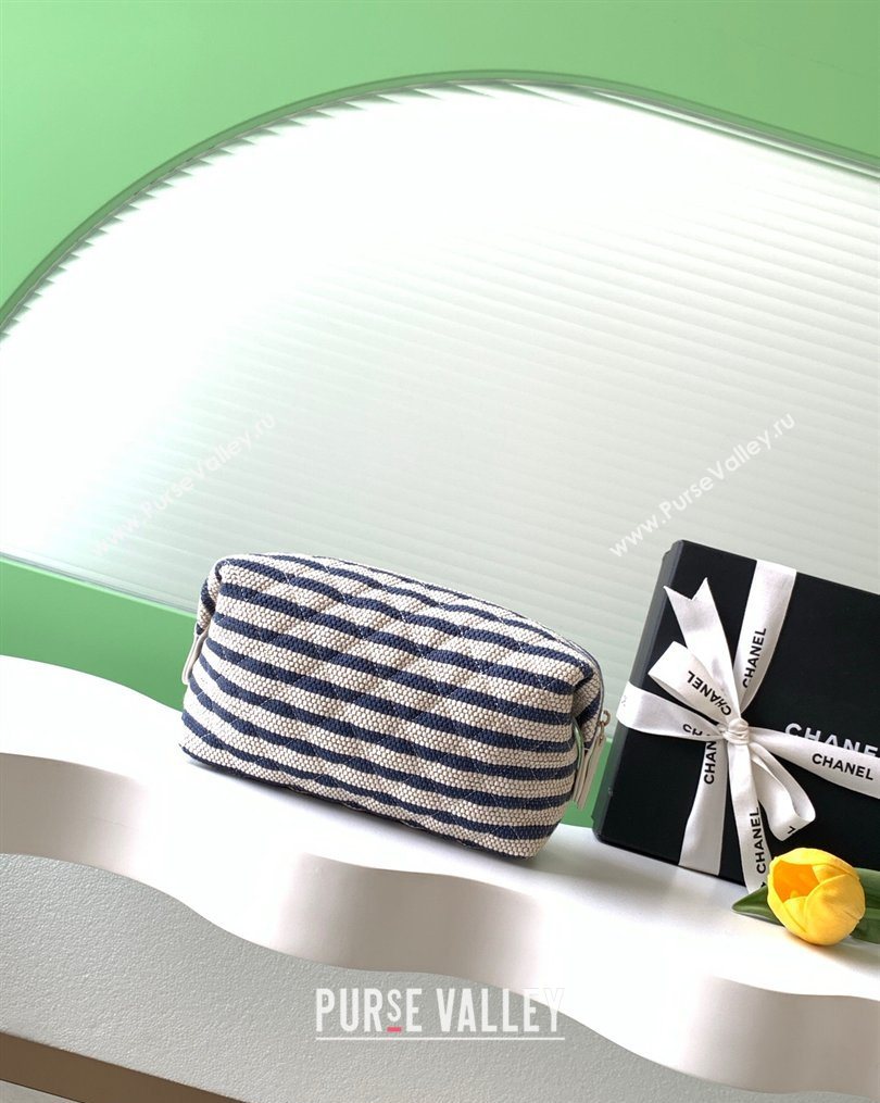 Chanel Striped Printed Fabric Zipped Case Navy Blue 2026 AP4990 (yezi-260204093)