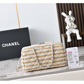 Chanel Striped Printed Fabric Clutch with Chain Beige 2026 AP4986 (yezi-260204100)