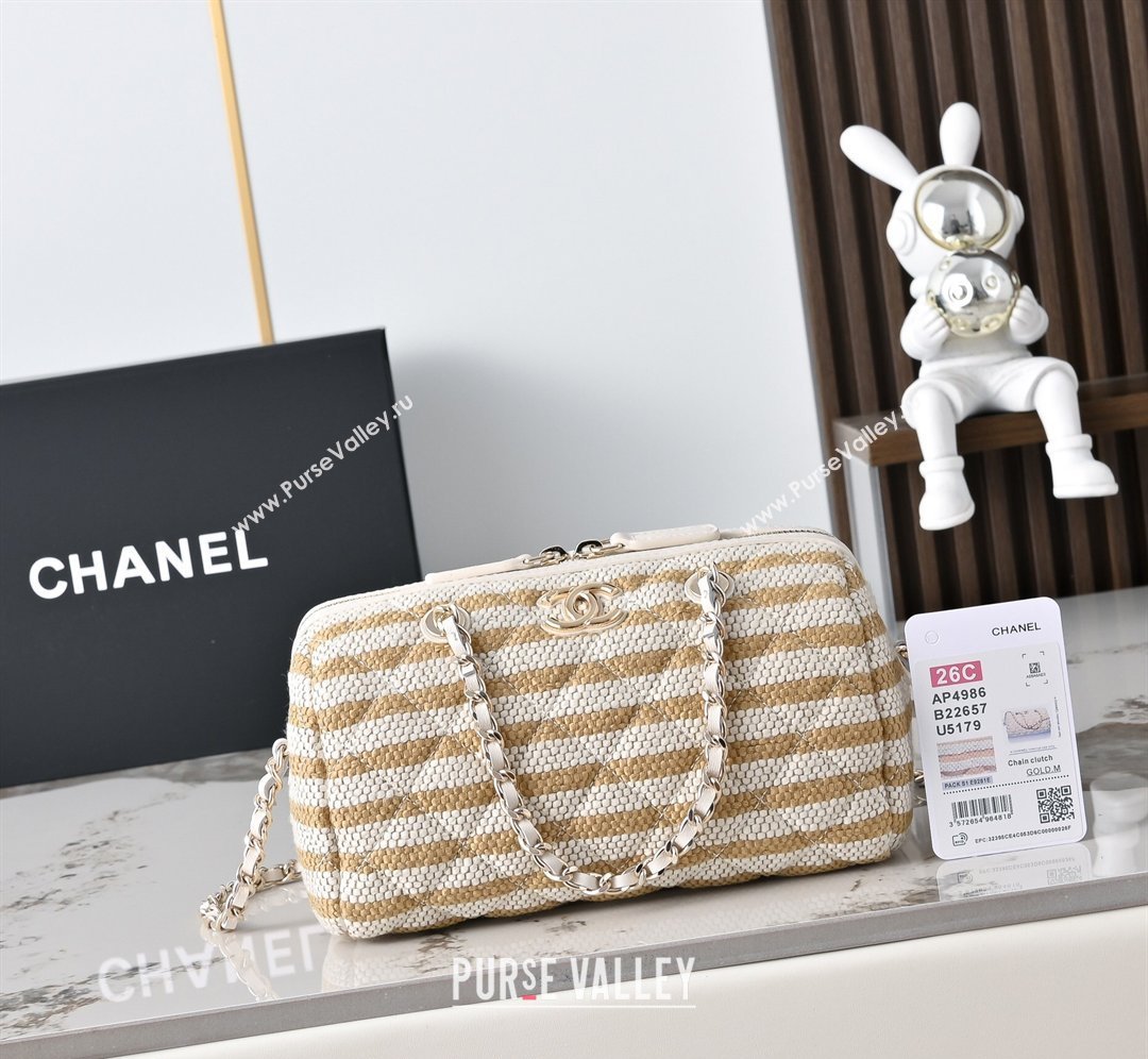 Chanel Striped Printed Fabric Clutch with Chain Beige 2026 AP4986 (yezi-260204100)