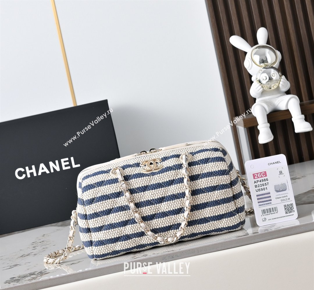 Chanel Striped Printed Fabric Clutch with Chain Blue 2026 AP4986 (yezi-260204101)