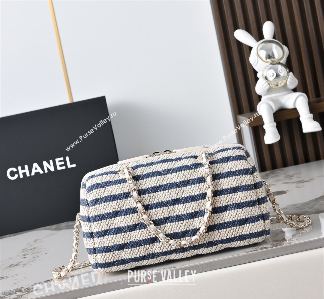 Chanel Striped Printed Fabric Clutch with Chain Blue 2026 AP4986 (yezi-260204101)