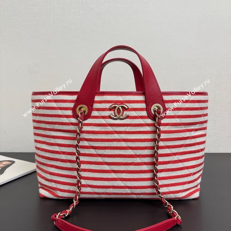 Chanel Striped Printed Fabric Shopping Bag Red 2026 AS6007 (yezi-260204089)