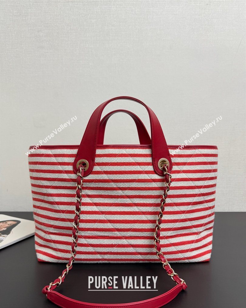 Chanel Striped Printed Fabric Shopping Bag Red 2026 AS6007 (yezi-260204089)