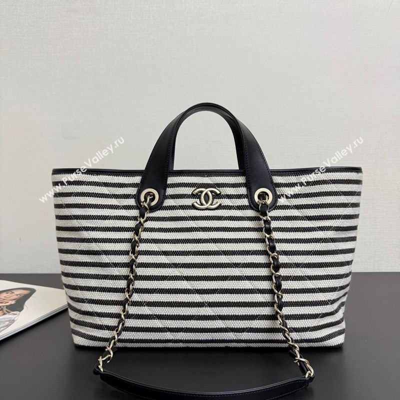 Chanel Striped Printed Fabric Shopping Bag Black 2026 AS6007 (yezi-260204091)