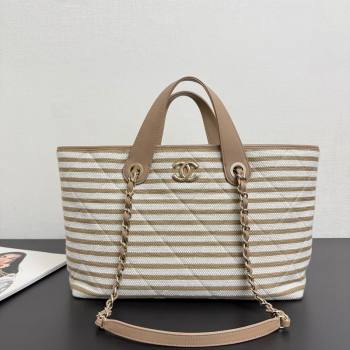 Chanel Striped Printed Fabric Shopping Bag Beige 2026 AS6007 (yezi-260204092)
