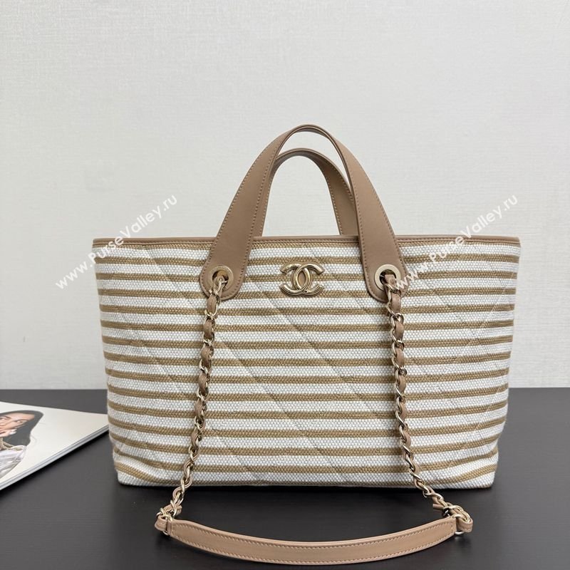 Chanel Striped Printed Fabric Shopping Bag Beige 2026 AS6007 (yezi-260204092)