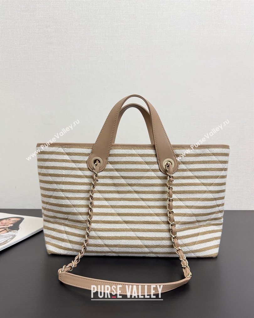Chanel Striped Printed Fabric Shopping Bag Beige 2026 AS6007 (yezi-260204092)