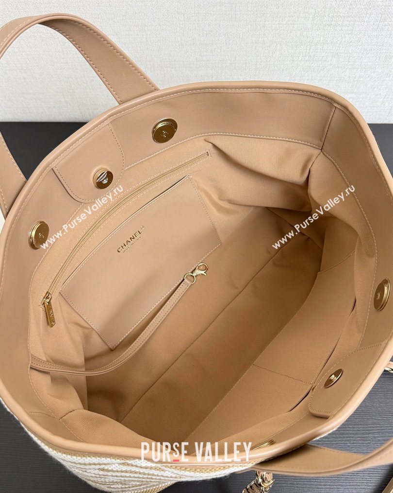 Chanel Striped Printed Fabric Shopping Bag Beige 2026 AS6007 (yezi-260204092)