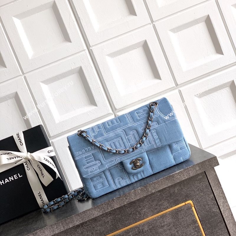 Chanel Embroidered Denim Medium Classic Flap Bag A01112 Light Blue 2026 0204 (yezi-260204049)