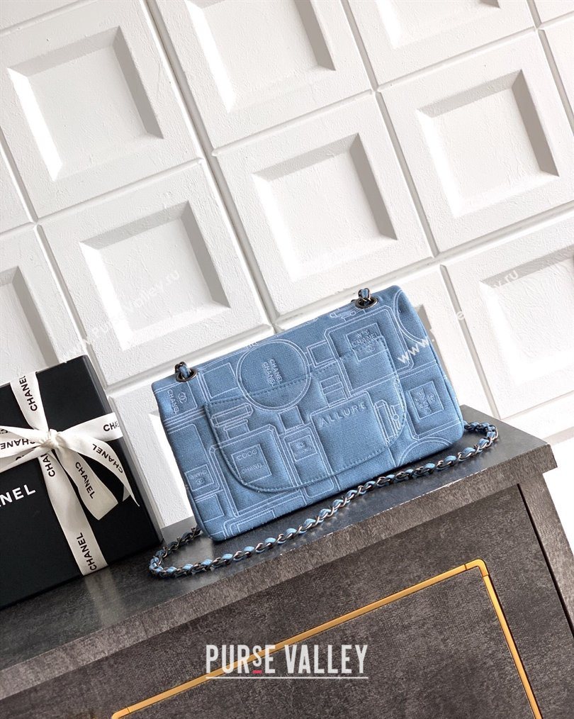 Chanel Embroidered Denim Medium Classic Flap Bag A01112 Light Blue 2026 0204 (yezi-260204049)