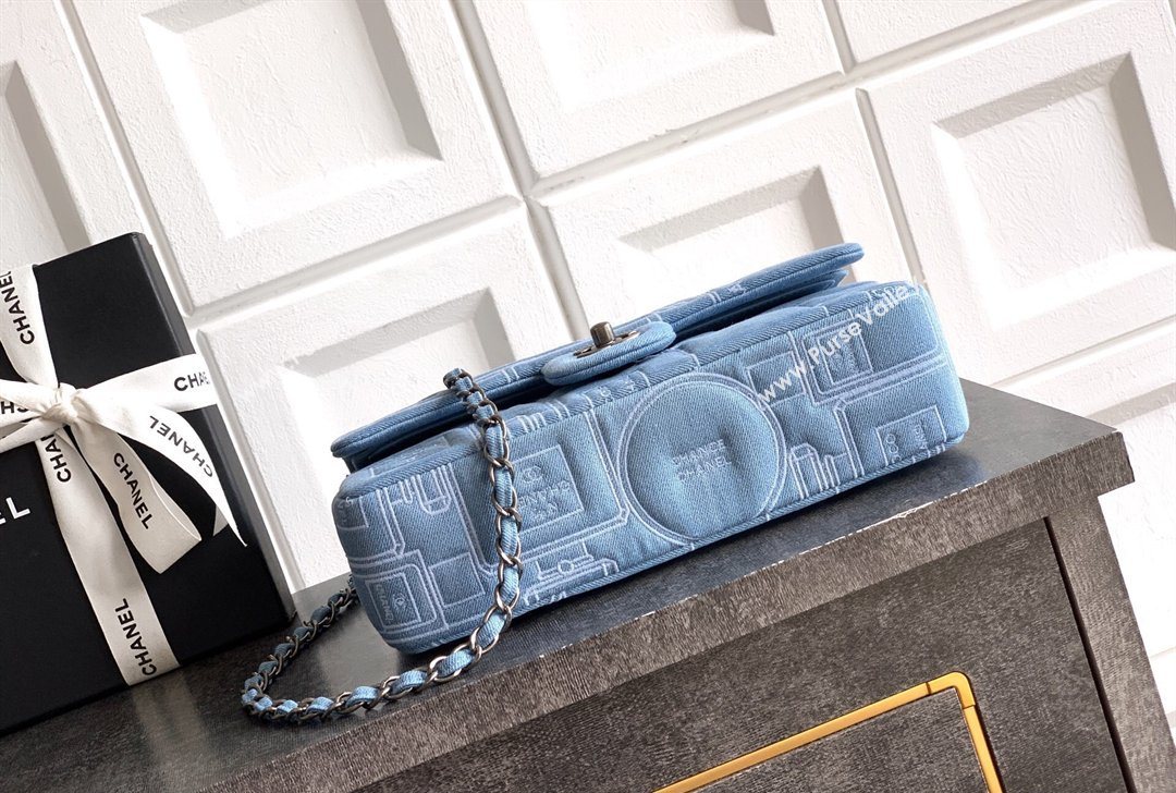 Chanel Embroidered Denim Medium Classic Flap Bag A01112 Light Blue 2026 0204 (yezi-260204049)