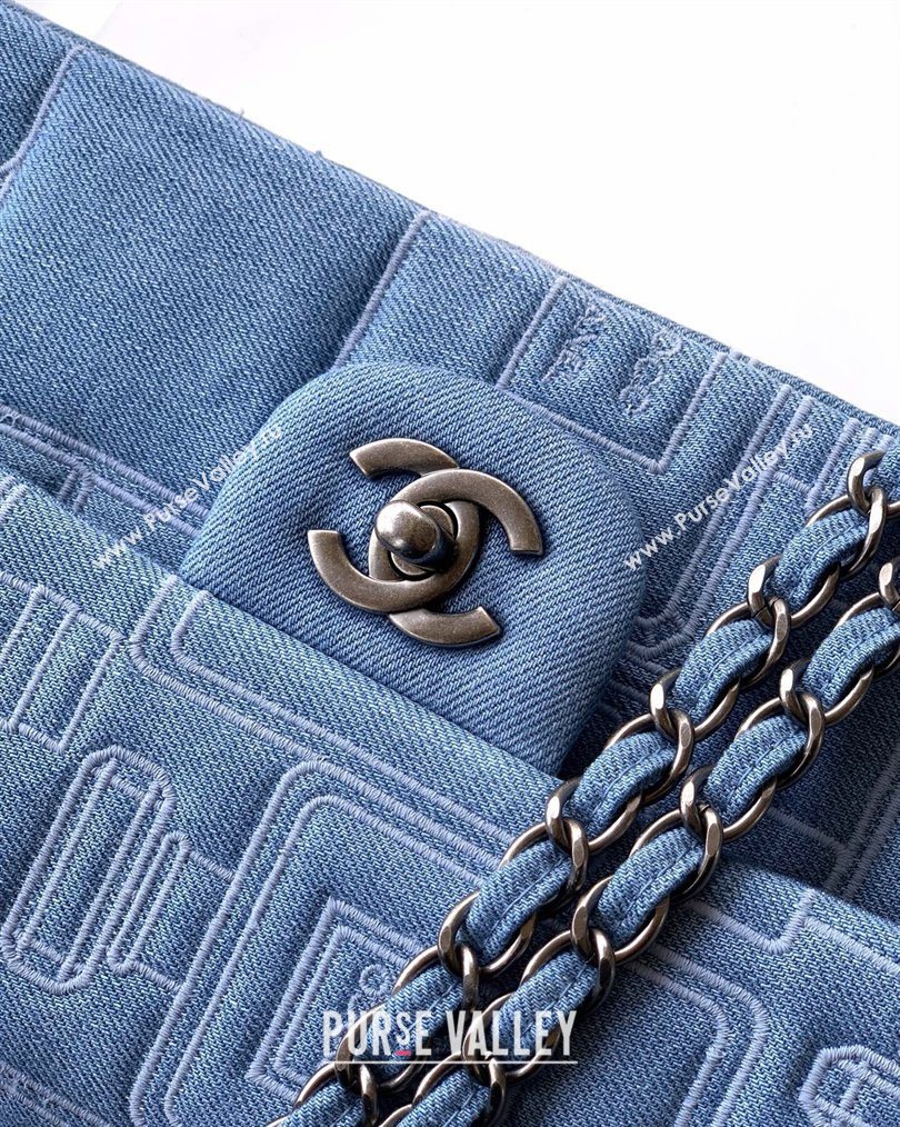 Chanel Embroidered Denim Medium Classic Flap Bag A01112 Light Blue 2026 0204 (yezi-260204049)