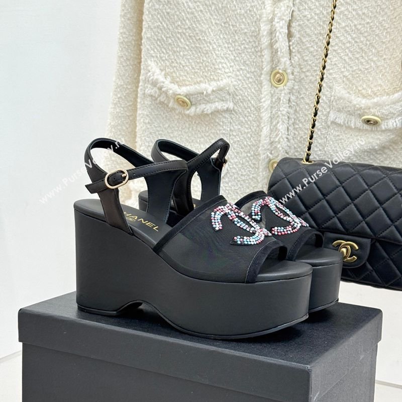 Chanel Mesh Glass Beads Wedge Sandals 9.5cm Black 2026 G47063 (MD-260306016)