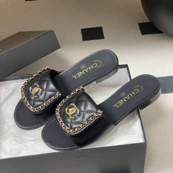 Chanel Lambskin Leather Flat Slides Sandal with Chain with Foldover Black 2026 G45474 (MD-260306125)