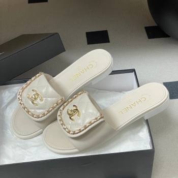 Chanel Lambskin Leather Flat Slides Sandal with Chain and Foldover White 2026 G45474 (MD-260306126)