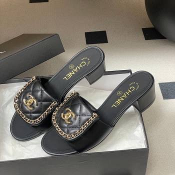Chanel Lambskin Leather Heel Slides Sandal 5cm with Chain and Foldover Black 2026 G45474 (MD-260306129)