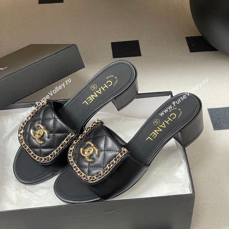 Chanel Lambskin Leather Heel Slides Sandal 5cm with Chain and Foldover Black 2026 G45474 (MD-260306129)