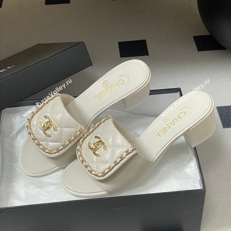 Chanel Lambskin Leather Heel Slides Sandal 5cm with Chain and Foldover White 2026 G45474 (MD-260306130)