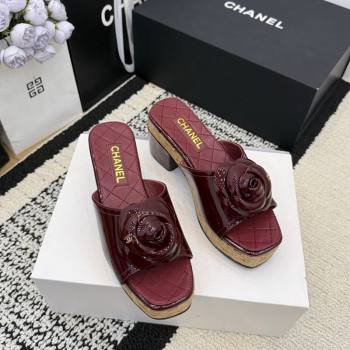 Chanel Patent Leather Heel Slides Sandal with Camellia Burgundy 2026 CH030616 (MD-260307001)
