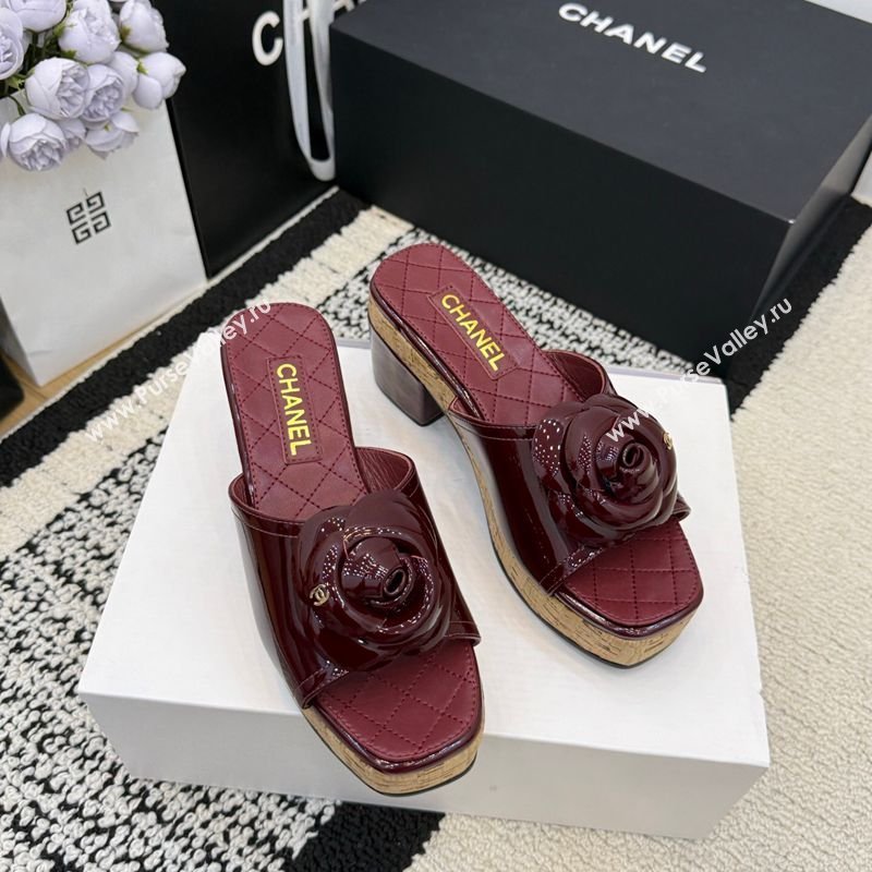 Chanel Patent Leather Heel Slides Sandal with Camellia Burgundy 2026 CH030616 (MD-260307001)