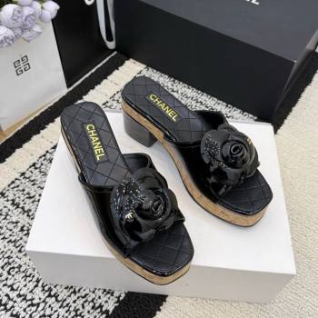 Chanel Patent Leather Heel Slides Sandal with Camellia Black 2026 CH030616 (MD-260307003)