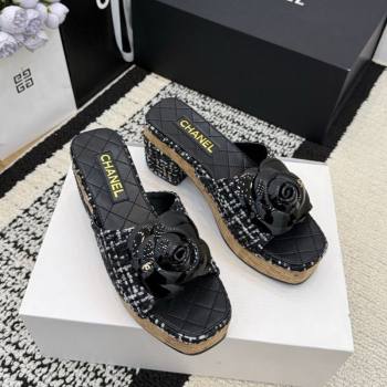 Chanel Tweed Heel Slides Sandal with Camellia Black/White 2026 CH030616 (MD-260307006)