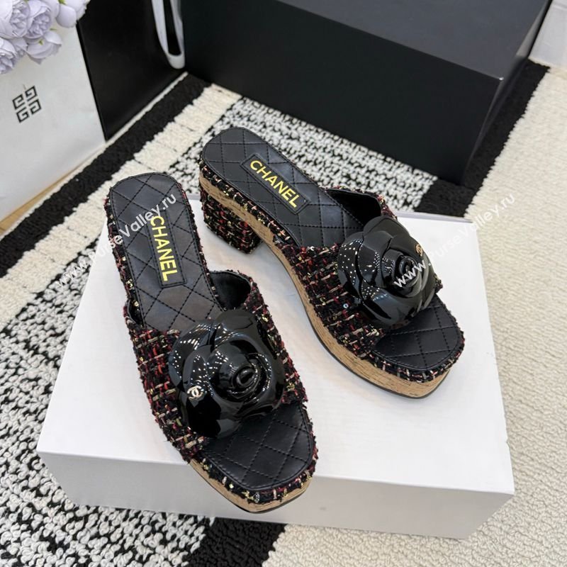 Chanel Tweed Heel Slides Sandal with Camellia Red/Multicolor 2026 CH030616 (MD-260307007)