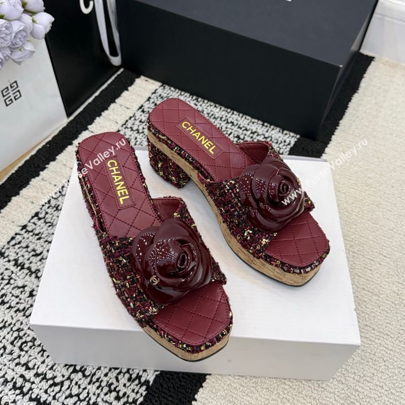 Chanel Tweed Heel Slides Sandal with Camellia Burgundy 2026 CH030616 (MD-260307008)