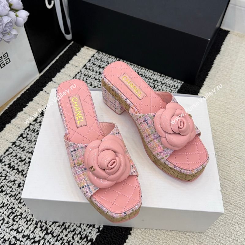 Chanel Tweed Heel Slides Sandal with Camellia Pink 2026 CH030616 (MD-260307009)
