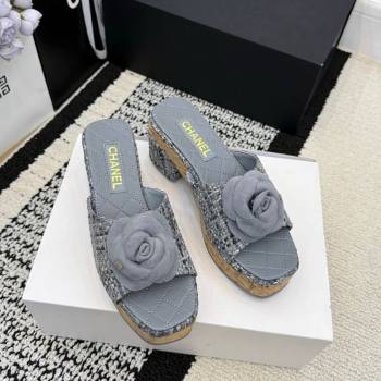 Chanel Tweed Heel Slides Sandal with Camellia Grey 2026 CH030616 (MD-260307010)