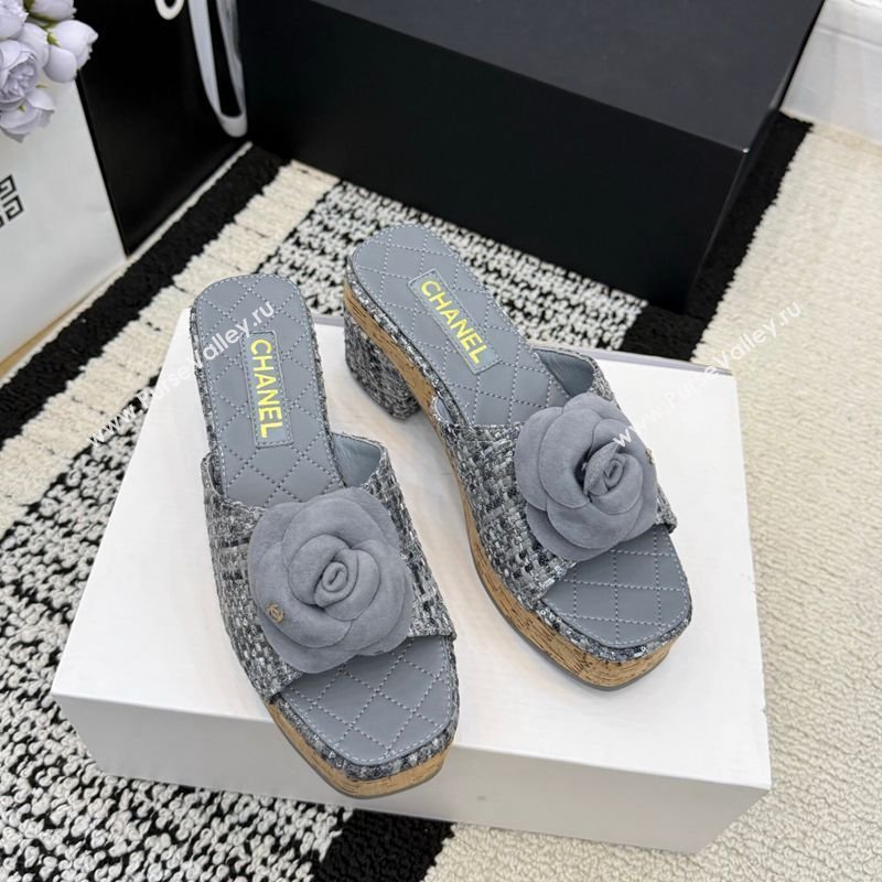 Chanel Tweed Heel Slides Sandal with Camellia Grey 2026 CH030616 (MD-260307010)