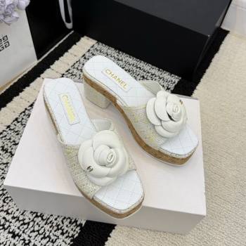 Chanel Tweed Heel Slides Sandal with Camellia White 2026 CH030616 (MD-260307011)