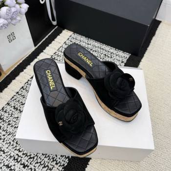 Chanel Suede Heel Slides Sandal with Camellia Black 2026 CH030616 (MD-260307012)