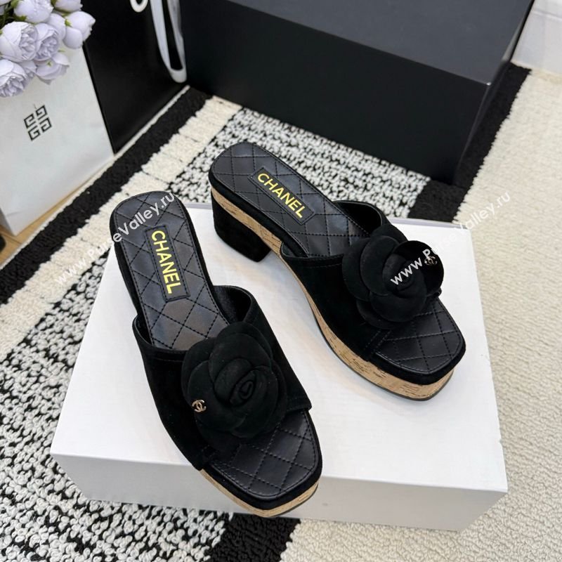 Chanel Suede Heel Slides Sandal with Camellia Black 2026 CH030616 (MD-260307012)