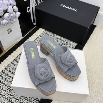Chanel Suede Heel Slides Sandal with Camellia Grey 2026 CH030616 (MD-260307013)