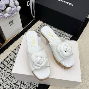 Chanel Calfskin Leather Heel Slides Sandal with Camellia White 2026 CH030616 (MD-260307014)