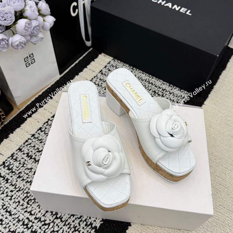 Chanel Calfskin Leather Heel Slides Sandal with Camellia White 2026 CH030616 (MD-260307014)