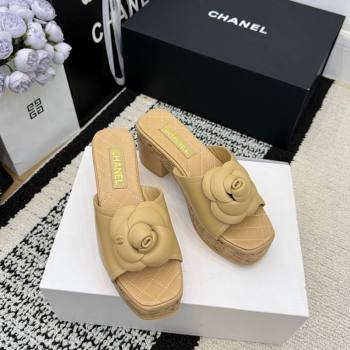 Chanel Calfskin Leather Heel Slides Sandal with Camellia Beige 2026 CH030616 (MD-260307015)