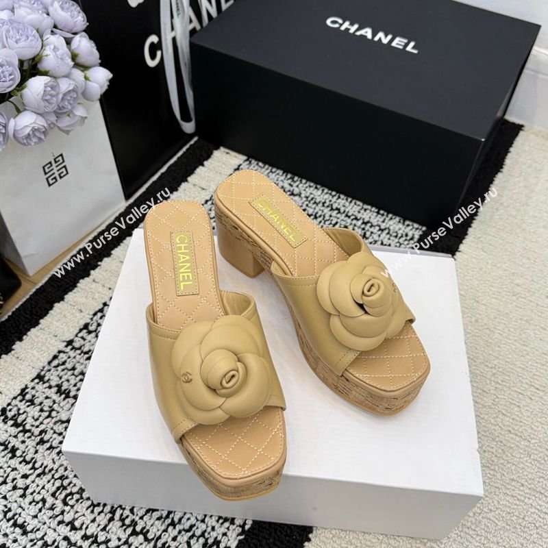 Chanel Calfskin Leather Heel Slides Sandal with Camellia Beige 2026 CH030616 (MD-260307015)
