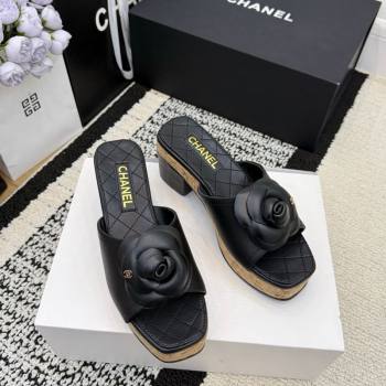 Chanel Calfskin Leather Heel Slides Sandal with Camellia Black 2026 CH030616 (MD-260307016)