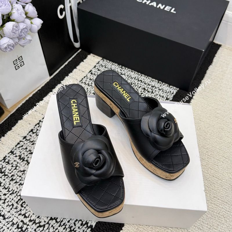 Chanel Calfskin Leather Heel Slides Sandal with Camellia Black 2026 CH030616 (MD-260307016)